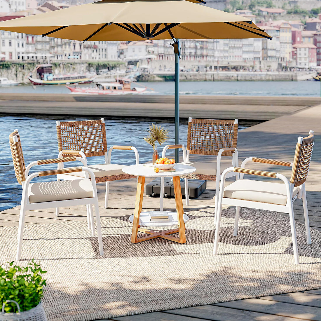 Garvee Rattan Stühle Set 4, Metallrahmen, Wetterfest, Pflegeleicht, Für Balkon & Garten, Weiß