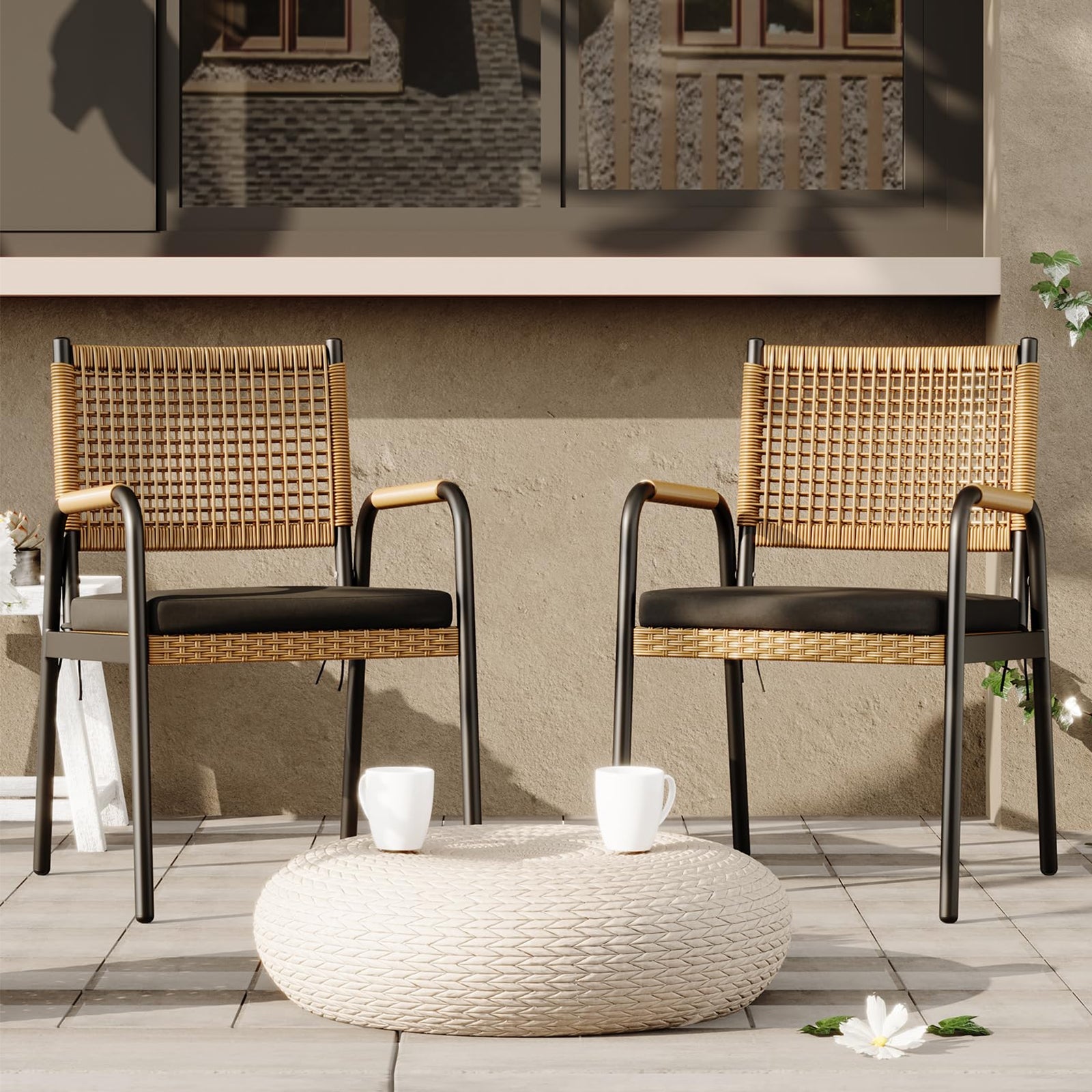 Garvee Rattan Stühle Set 2, Metallrahmen, Wetterfest, Pflegeleicht, Für Balkon & Garten