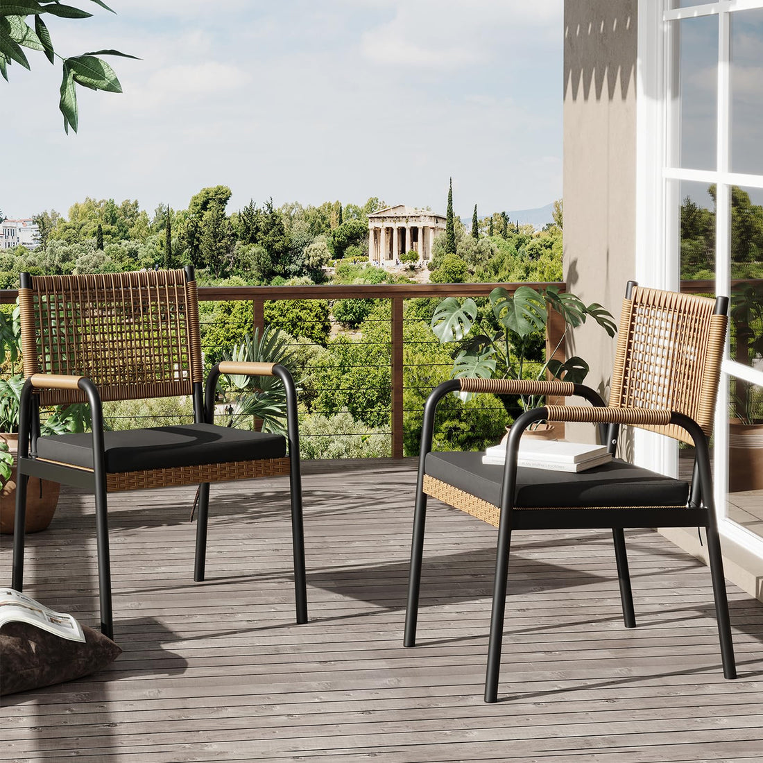 Garvee Rattan Stühle Set 2, Metallrahmen, Wetterfest, Pflegeleicht, Für Balkon & Garten, Schwarz