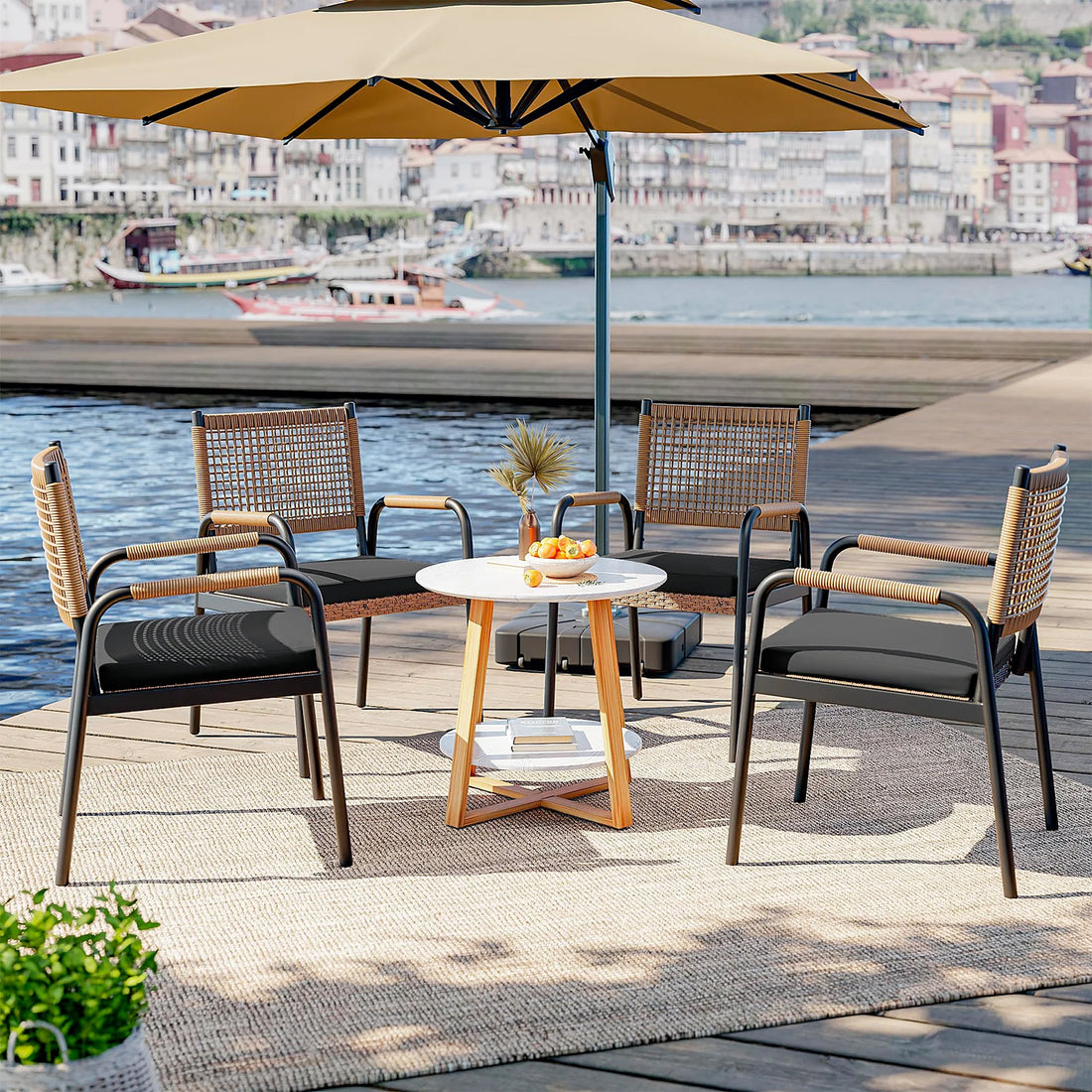 Garvee Rattan Stühle Set 4, Metallrahmen, Wetterfest, Pflegeleicht, Für Balkon & Garten, Schwarz