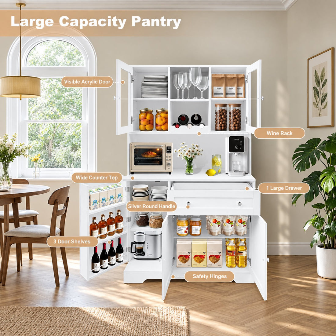 Garvee Küchenbuffet 180,3 cm, Küchenschrank und Vorratsschrank mit Arbeitsplatte, Schublade, Weinregal, Acryl-Türen und viel Stauraum, Landhausstil, Weiß