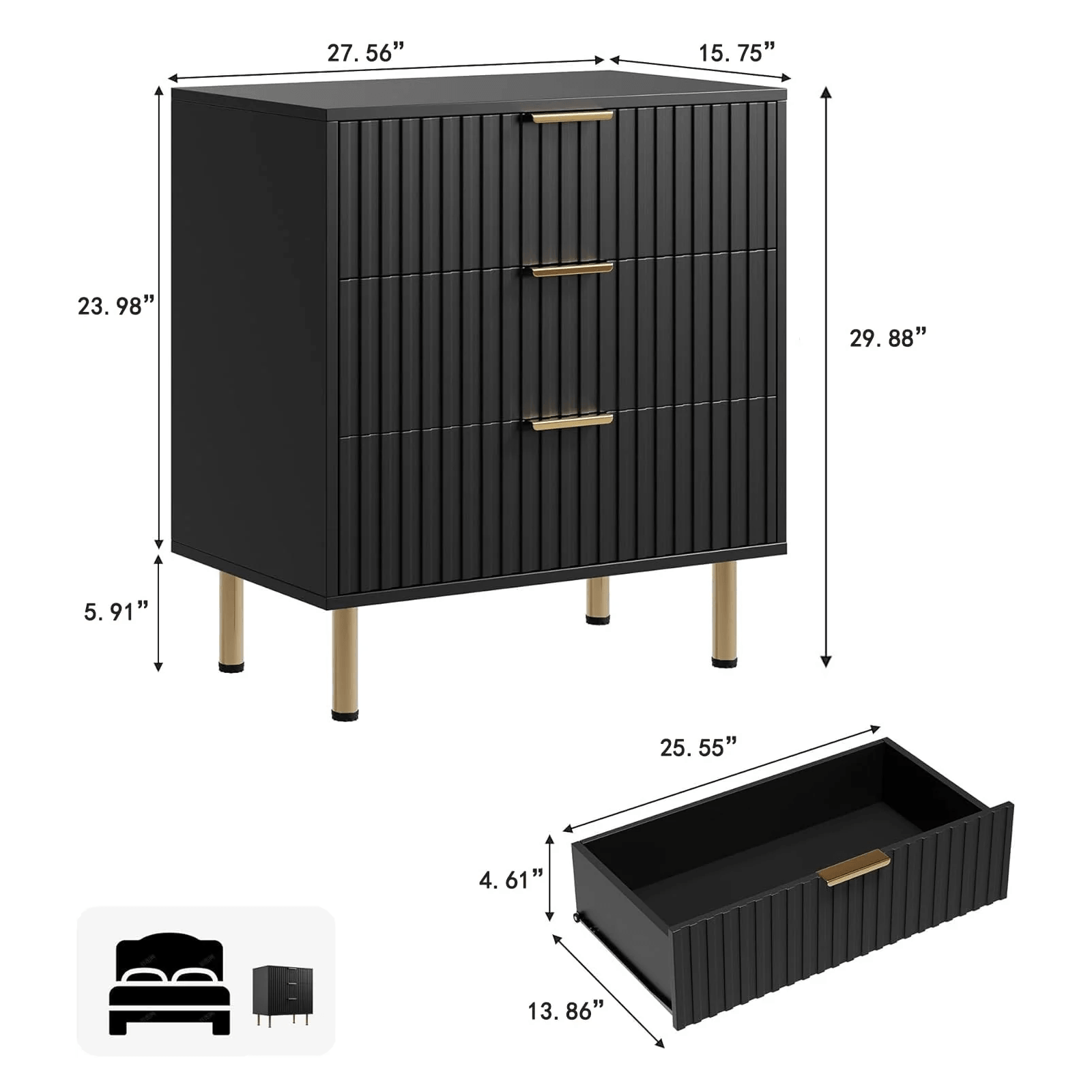GARVEE 3-Schubladen-Kommode im Modernen Design, Geriffelte Fronten aus MDF-Holz, Viel Stauraum für Schlafzimmer, Wohnzimmer, Flur und Büro, Schwarz