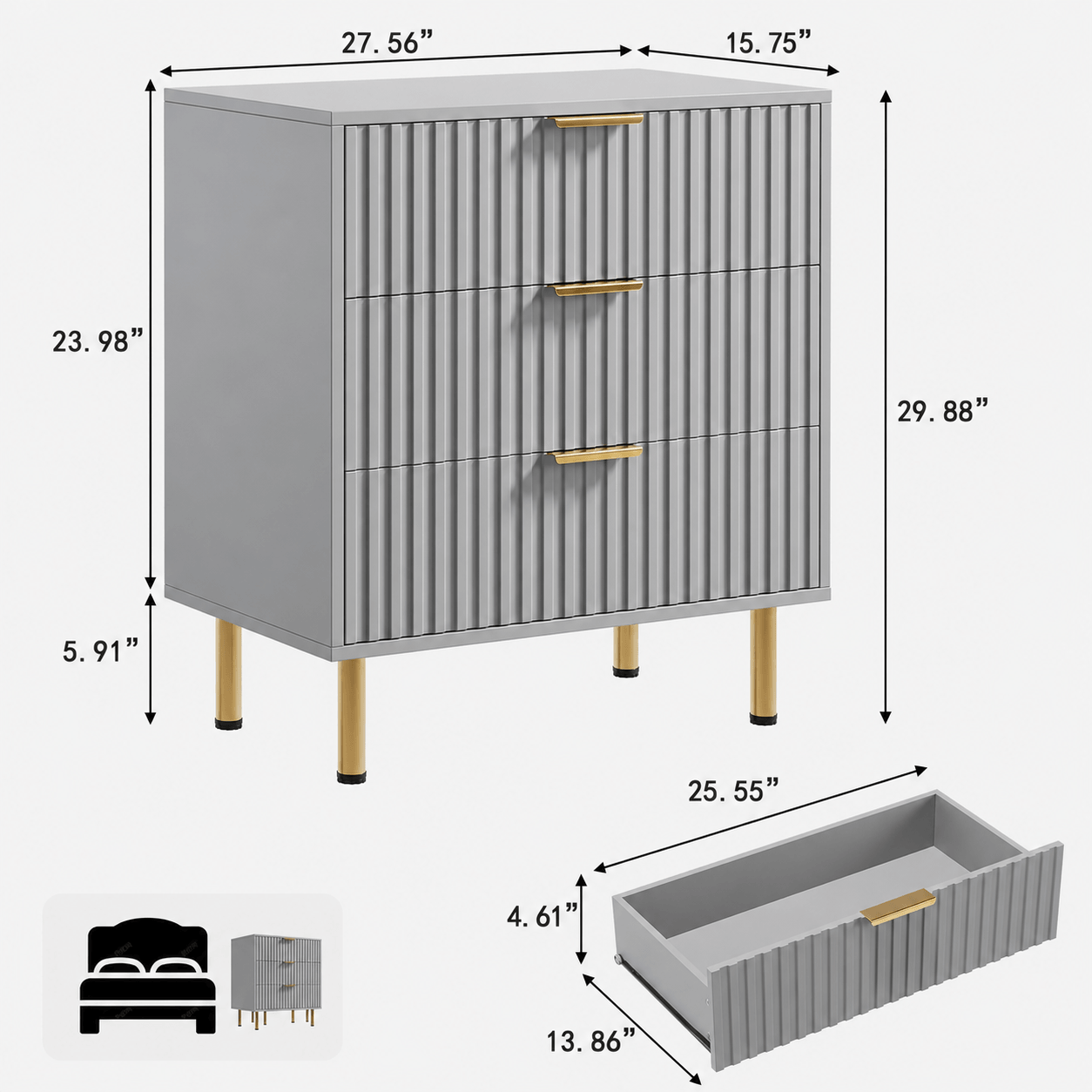GARVEE 3-Schubladen-Kommode im Modernen Design, Geriffelte Fronten aus MDF-Holz, Viel Stauraum für Schlafzimmer, Wohnzimmer, Flur und Büro, Grau