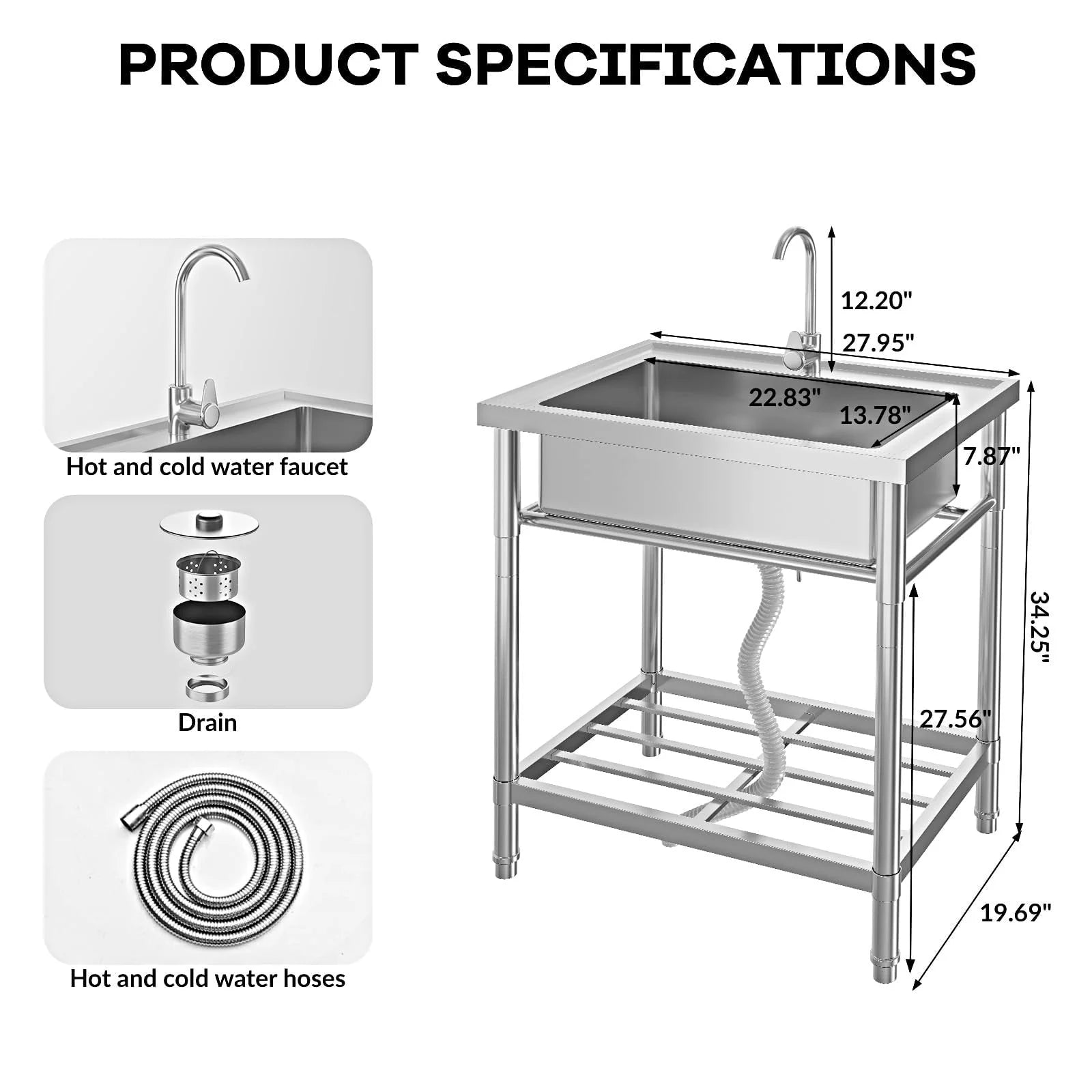 Garvee Gastro Spültisch Edelstahl 71 x 51 x 86 cm, 1 Becken, freistehend für Gewerbe & Küche