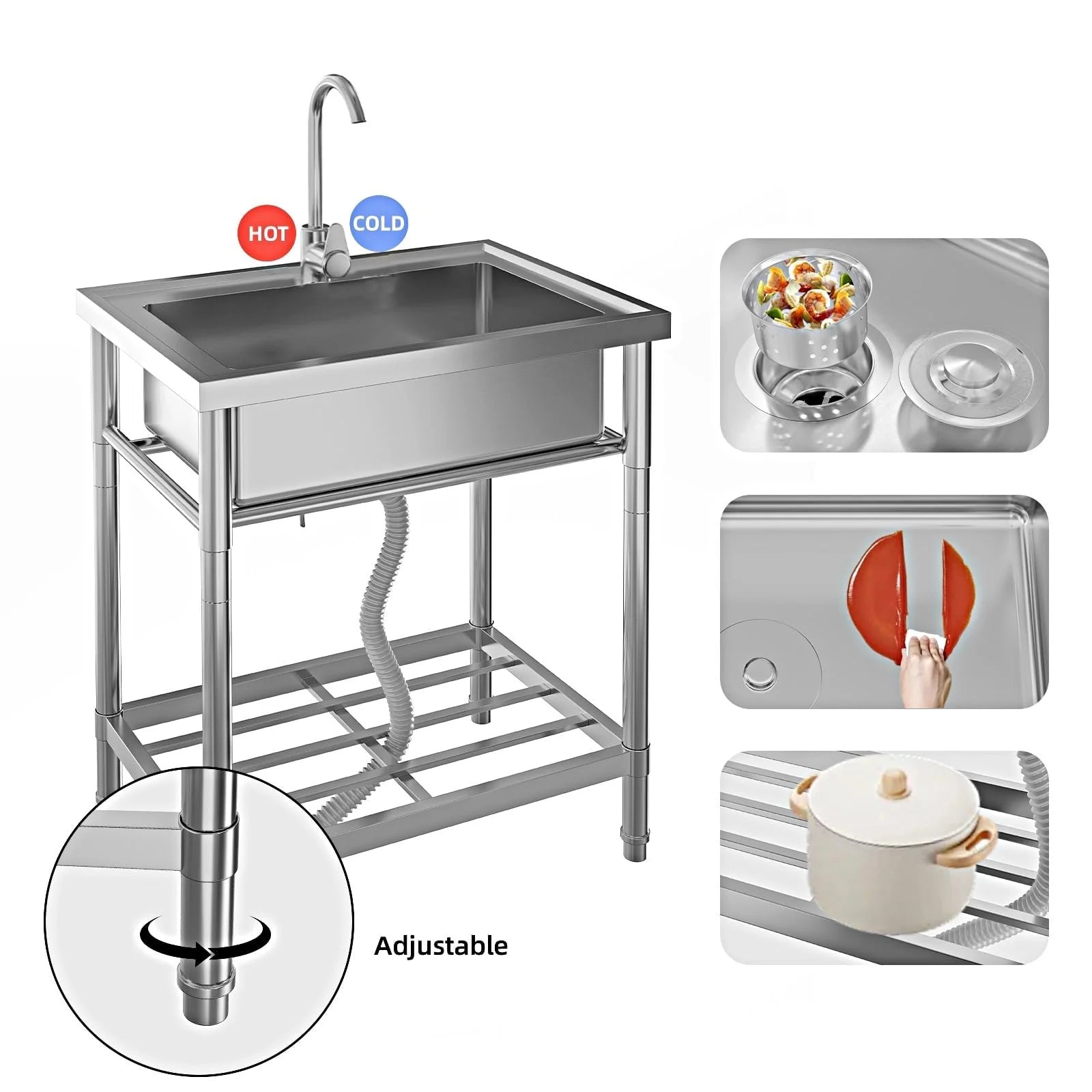 Garvee Gastro Spültisch Edelstahl 71 x 51 x 86 cm, 1 Becken, freistehend für Gewerbe & Küche