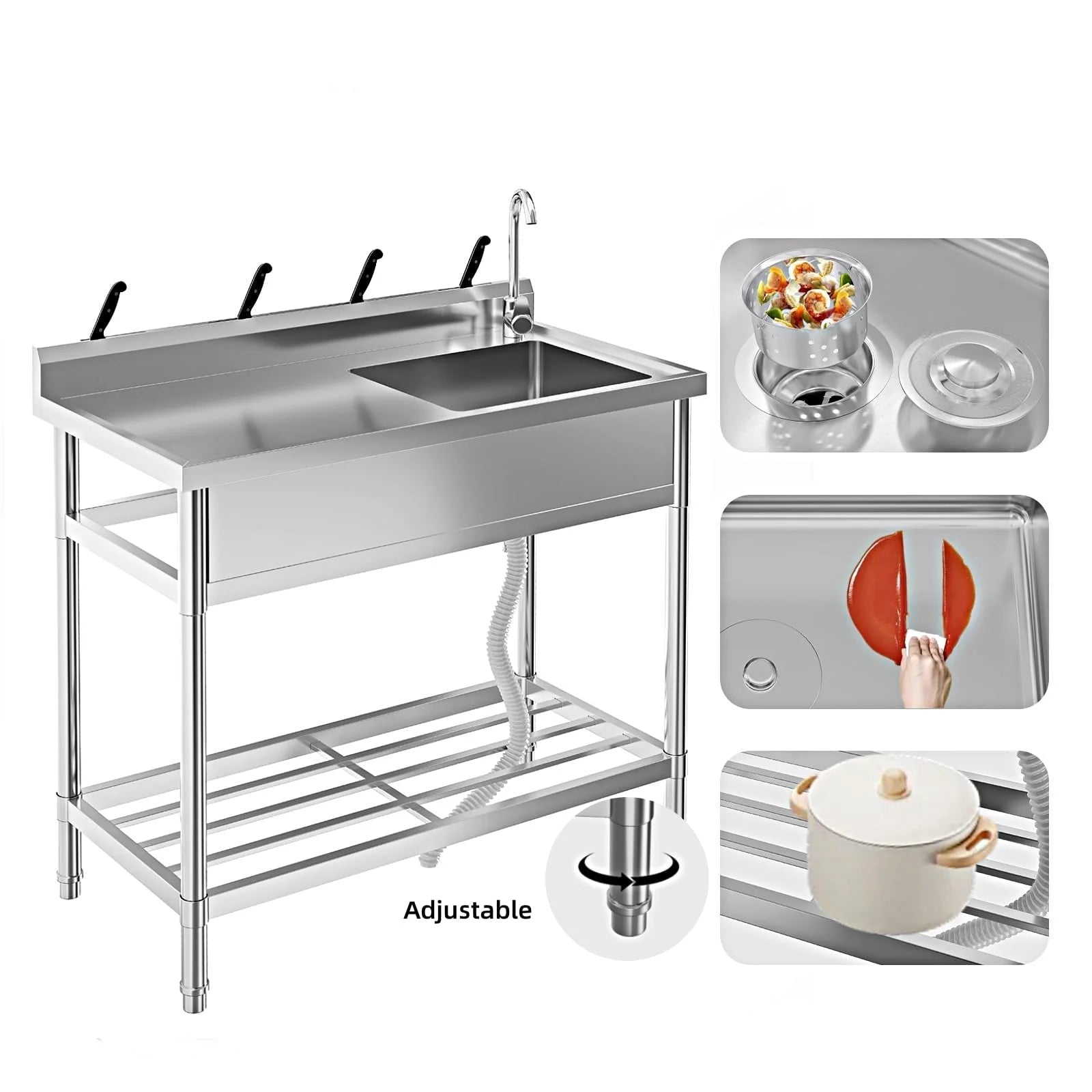 Garvee Gastro Spültisch Edelstahl 99 × 51 × 94 cm, 1 Becken, freistehend für Gewerbe & Küche