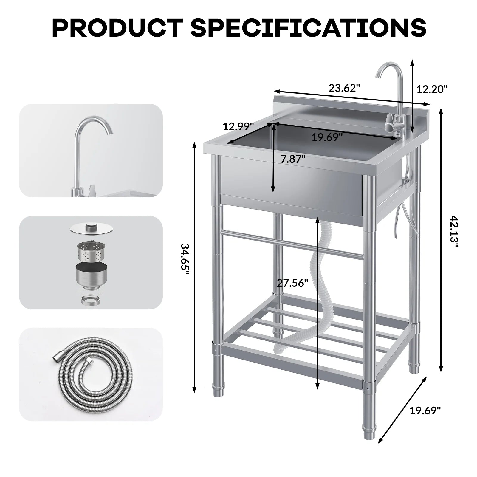 Garvee Gastro Spültisch Edelstahl 61 x 51 x 104 cm, 1 Becken, freistehend für Gewerbe & Küche