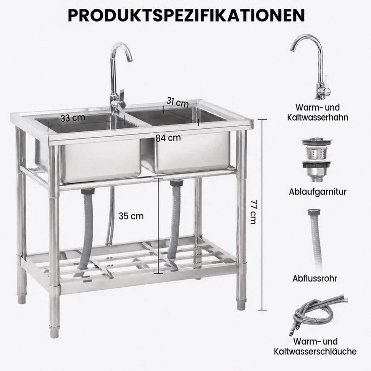 Garvee Spültisch Spülbecken Edelstahl (84 × 46 × 77 cm), Doppelbecken mit 360°-Warm-/Kaltwasserarmatur & Unterablage, Küchenspüle für Restaurant, Garage und Waschküche
