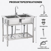 Garvee Spültisch Spülbecken Edelstahl (84 × 46 × 77 cm), Doppelbecken mit 360°-Warm-/Kaltwasserarmatur & Unterablage, Küchenspüle für Restaurant, Garage und Waschküche