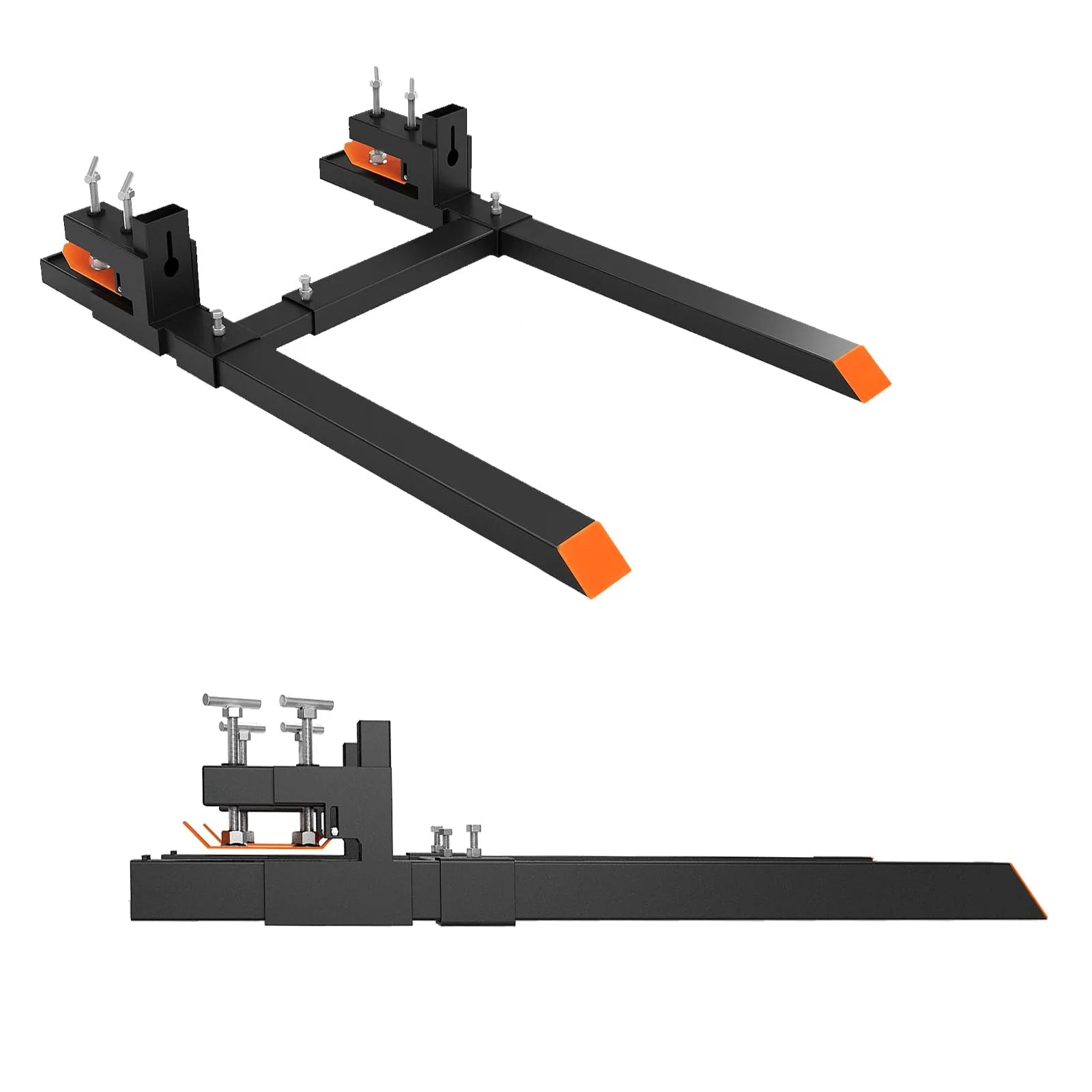 GARVEE Anbau-Palettengabeln 150 cm, 1.814 kg Tragkraft, Klemmbefestigung mit Verstellbarer Stabilisierungsstange, für Traktor & Frontlader, Schwarz