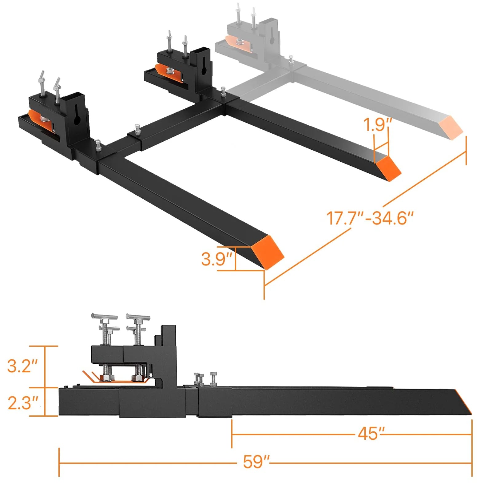 GARVEE Anbau-Palettengabeln 150 cm, 1.814 kg Tragkraft, Klemmbefestigung mit Verstellbarer Stabilisierungsstange, für Traktor & Frontlader, Schwarz