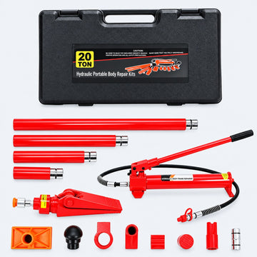 Garvee 20 t Hydraulik-Richtsatz mit Handpumpe, Hydraulikzylinder, Hochdruckschlauch und Aufsätzen für Karosserie- und Rahmenarbeiten, Rot