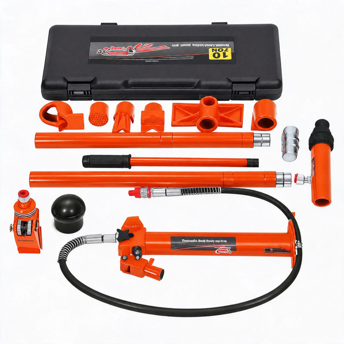 Garvee 10 t Hydraulik-Richtsatz mit Handpumpe, Hydraulikzylinder, Hochdruckschlauch und Aufsätzen für Richt-, Spreiz- und Hebearbeiten, Orange