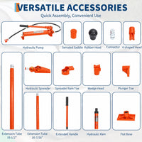 Garvee 10 t Hydraulik-Richtsatz mit Handpumpe, Hydraulikzylinder, Hochdruckschlauch und Aufsätzen für Richt-, Spreiz- und Hebearbeiten, Orange