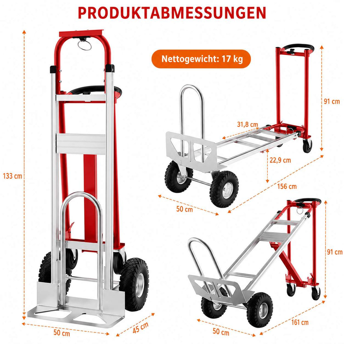 Garvee 3-in-1 Sackkarre & Transportwagen 360 kg Tragkraft, klappbare Schwerlast-Transportkarre mit Spanngurten für Lager, Büro und Umzug, Rot