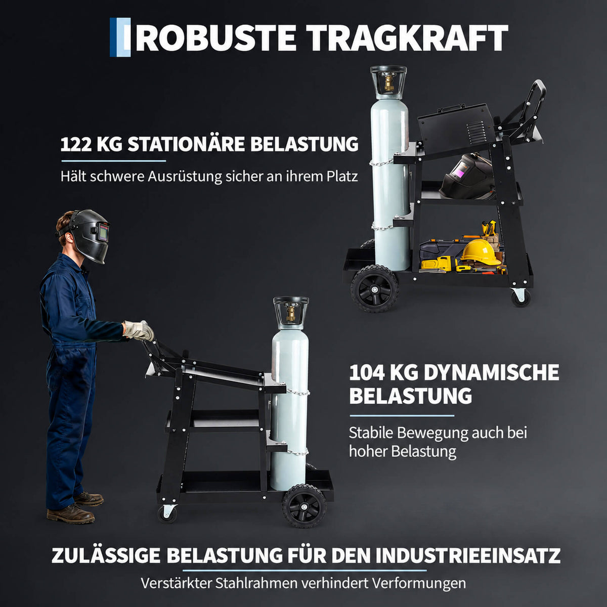 Garvee 3-stufiger Schweißwagen, 122,5 kg Tragkraft, 360° Rollen, 3 Ablagen & Gasflaschenhalter