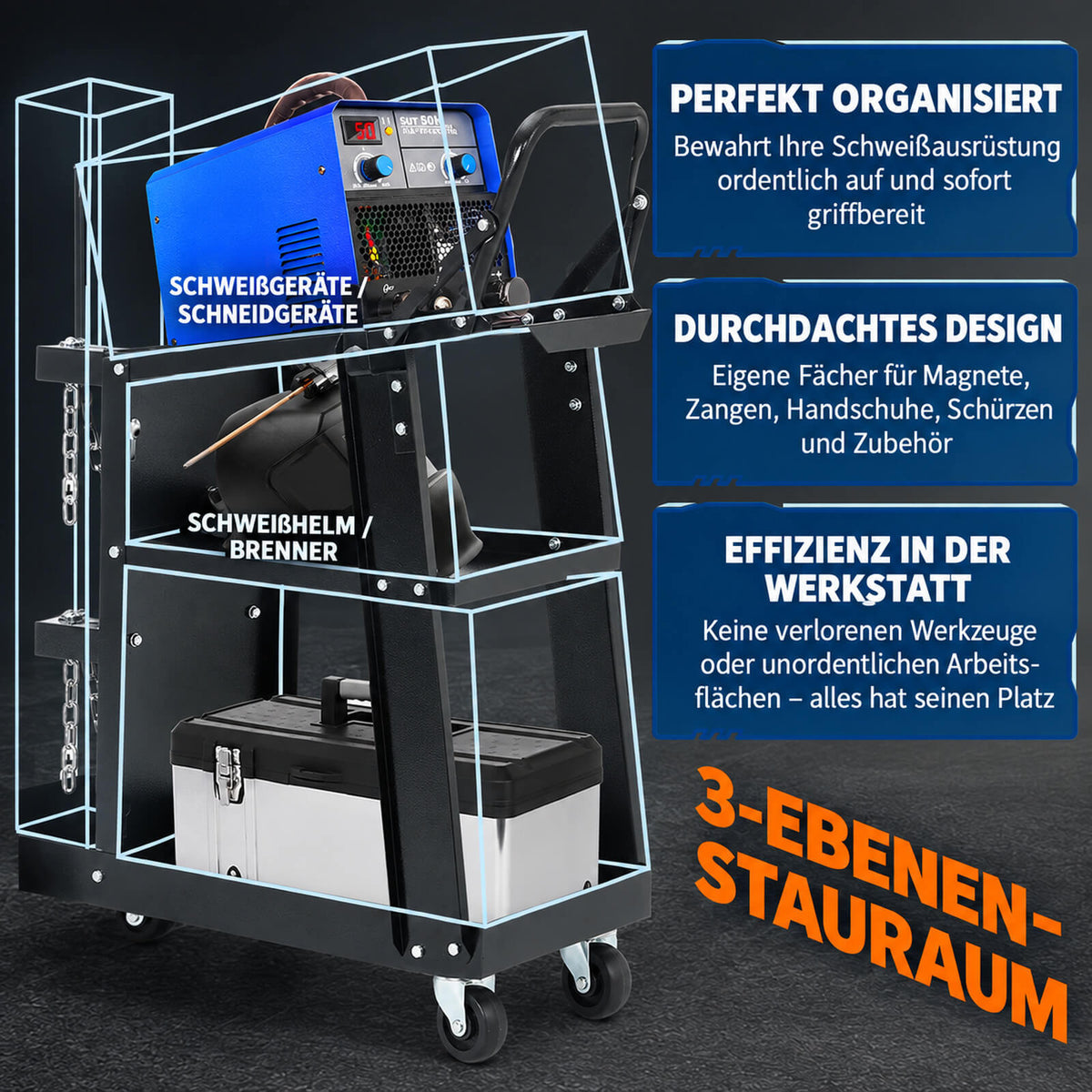 Garvee 3-stufiger Schweißwagen, 122,5 kg Tragkraft, 360° Rollen, 3 Ablagen & Gasflaschenhalter