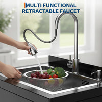 GARVEE Edelstahl-Spültisch 65 × 53 × 100 cm, Freistehende Spültisch mit 360° Schwenkarmatur, X-Ablaufrillen und Pulverbeschichtung, für Küche & Werkstatt, Silber