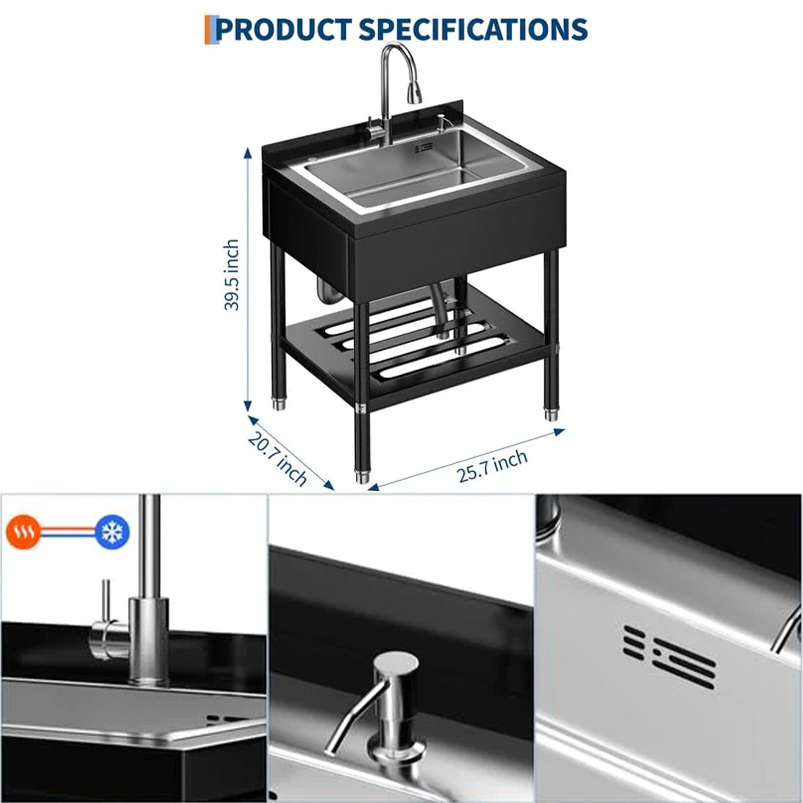 GARVEE Edelstahl-Spültisch 65 × 53 × 100 cm, Freistehende Spültisch mit 360° Schwenkarmatur, X-Ablaufrillen und Pulverbeschichtung, für Küche & Werkstatt, Silber