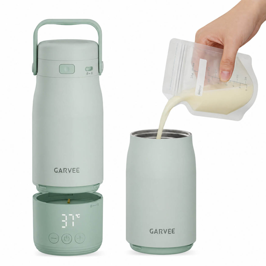 GARVEE Tragbarer Milchflaschenwärmer, 500 ml, USB-C, LED-Temperaturanzeige, bis 55 °C, Edelstahl, Grün