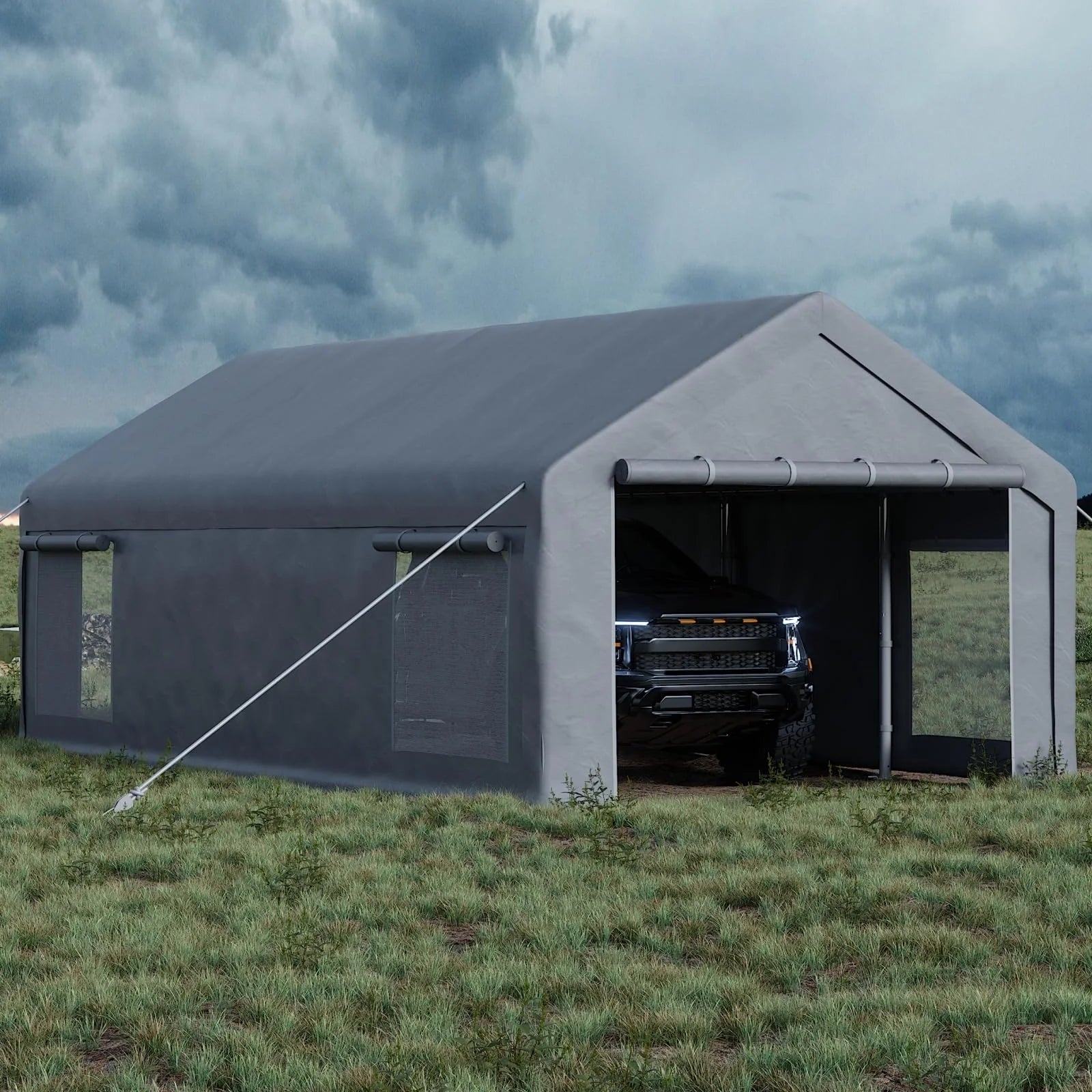 GARVEE Schwerlast Carport 7,6 × 4 m, Mobiler Auto Unterstand mit 220 g/m² PE-Plane, Rolltoren & Abnehmbaren Seitenwänden, Stahlrahmen für Autos, Transporter & Boote, Grau