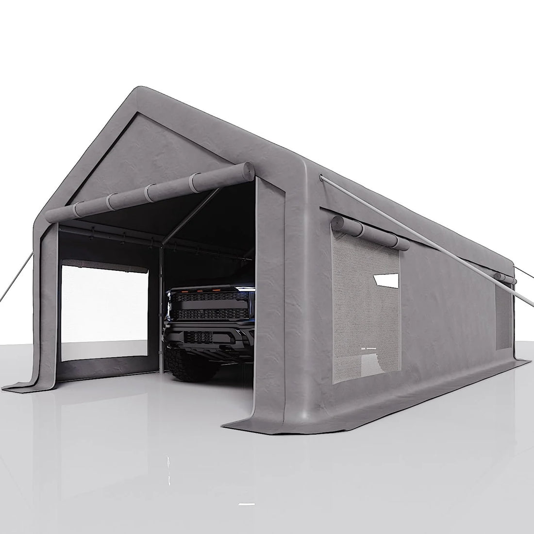 GARVEE Schwerlast Carport 7,6 × 4 m, Mobiler Auto Unterstand mit 220 g/m² PE-Plane, Rolltoren & Abnehmbaren Seitenwänden, Stahlrahmen für Autos, Transporter & Boote, Grau