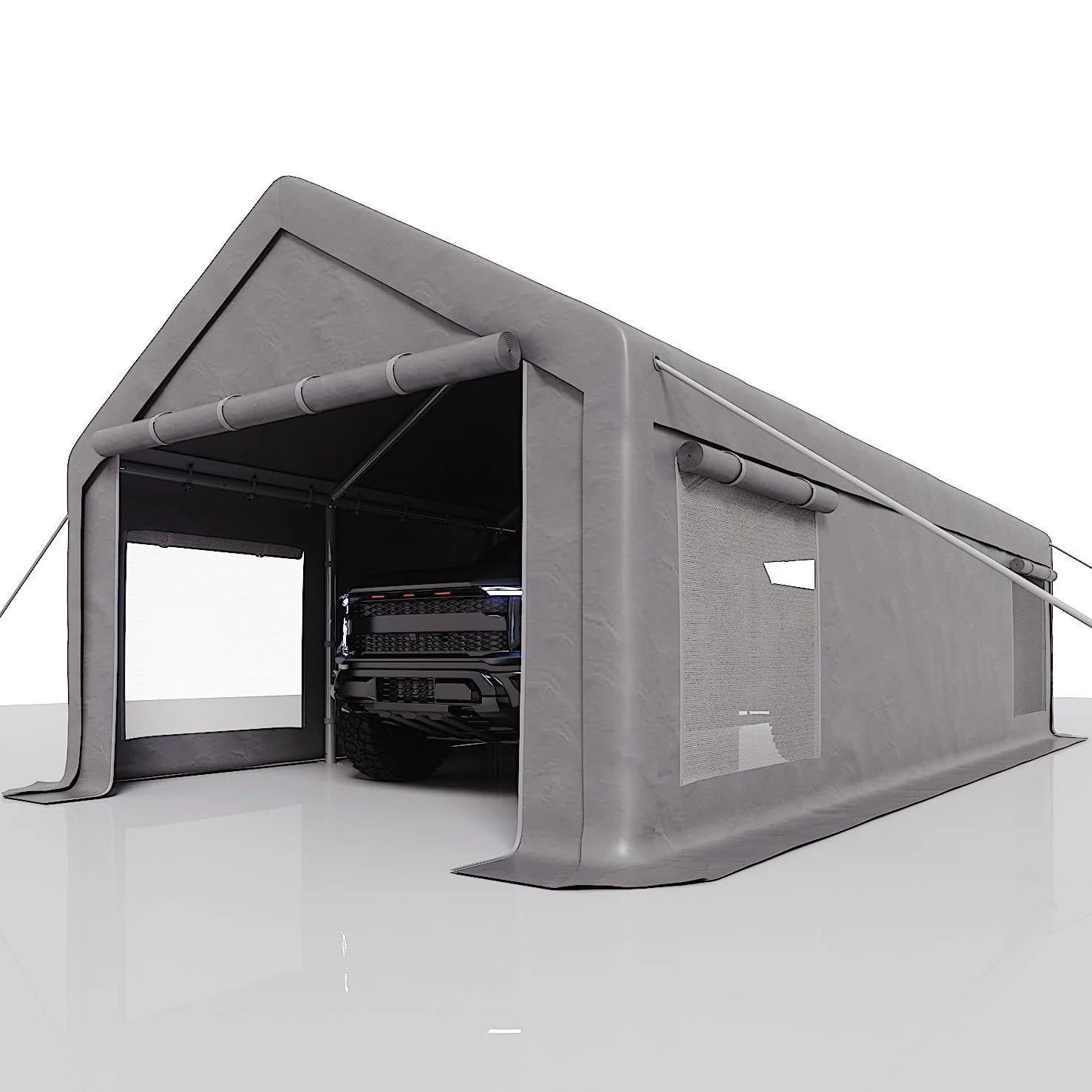 GARVEE Schwerlast Carport 7,6 × 4 m, Mobiler Auto Unterstand mit 220 g/m² PE-Plane, Rolltoren & Abnehmbaren Seitenwänden, Stahlrahmen für Autos, Transporter & Boote, Grau
