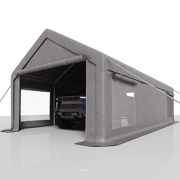 GARVEE Schwerlast Carport 7,6 × 4 m, Mobiler Auto Unterstand mit 220 g/m² PE-Plane, Rolltoren & Abnehmbaren Seitenwänden, Stahlrahmen für Autos, Transporter & Boote, Grau