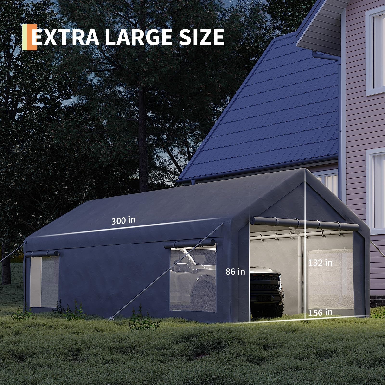 GARVEE Schwerlast Carport 7,6 × 4 m, Mobiler Auto Unterstand mit 220 g/m² PE-Plane, Rolltoren & Abnehmbaren Seitenwänden, Stahlrahmen für Autos, Transporter & Boote, Grau