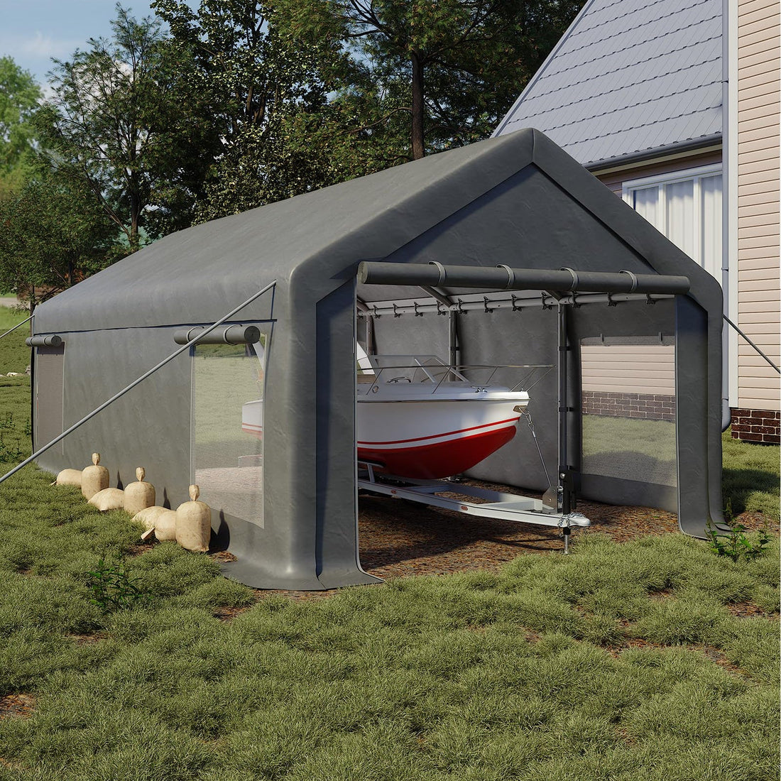 GARVEE Schwerlast Carport 7,6 × 4 m, Mobiler Auto Unterstand mit 220 g/m² PE-Plane, Rolltoren & Abnehmbaren Seitenwänden, Stahlrahmen für Autos, Transporter & Boote, Grau