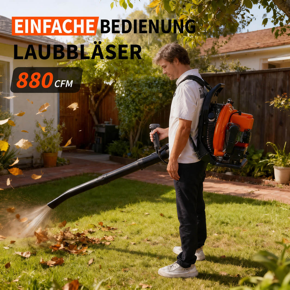 Garvee Benzin-Rucksacklaubbläser 62cc, 880 CFM, 320 MPH, mit Gasverriegelung und gepolsterten Schultergurten zur Laubentfernung in Garten, Hof, Einfahrt und auf der Terrasse