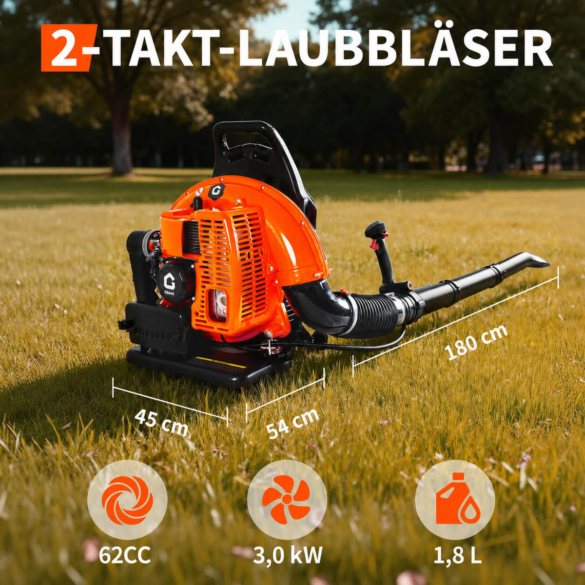 Garvee Benzin-Rucksacklaubbläser 62cc, 880 CFM, 320 MPH, mit Gasverriegelung und gepolsterten Schultergurten zur Laubentfernung in Garten, Hof, Einfahrt und auf der Terrasse