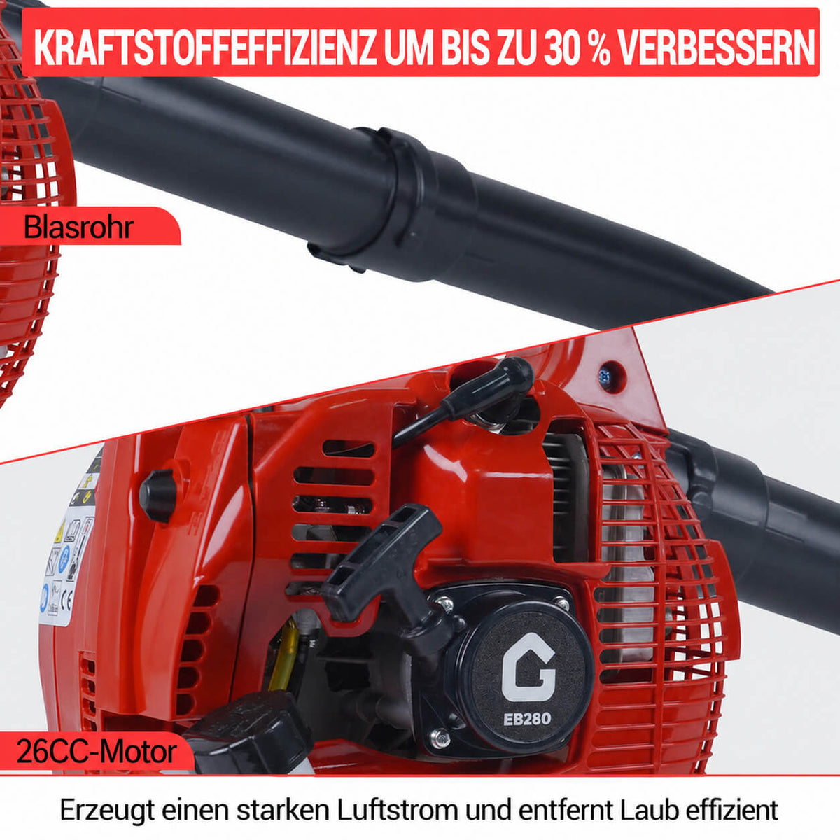 Garvee Benzin-Laubbläser 26cc, 490 CFM, 280 MPH, Handgerät mit Tempomat und ergonomischem Griff zur Laubentfernung in Garten, Hof, Einfahrt und auf der Terrasse