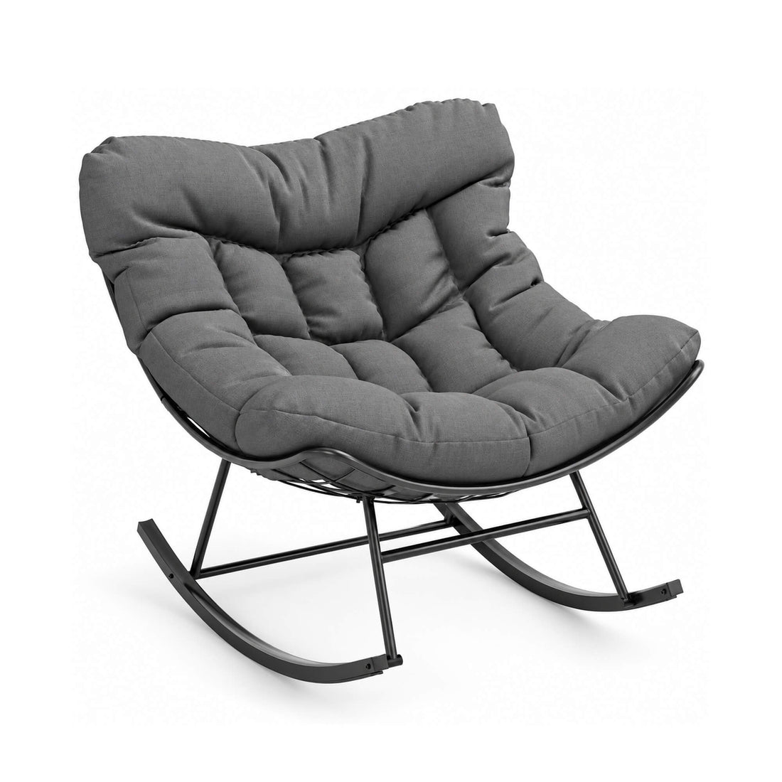 Garvee Relax-Schaukelstuhl, gepolsterter Papasan Lounge-Sessel mit stabilem Metallrahmen für Garten, Terrasse, Balkon & Veranda, Grau