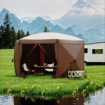 Garvee Pavillon mit Moskitonetz 4 × 4 m, Schnellaufbau-Campingzelt mit Mesh-Wänden, UV-Schutz 50+ und Windschutzpaneelen für Garten, Terrasse und Outdoor-Aktivitäten, Khaki