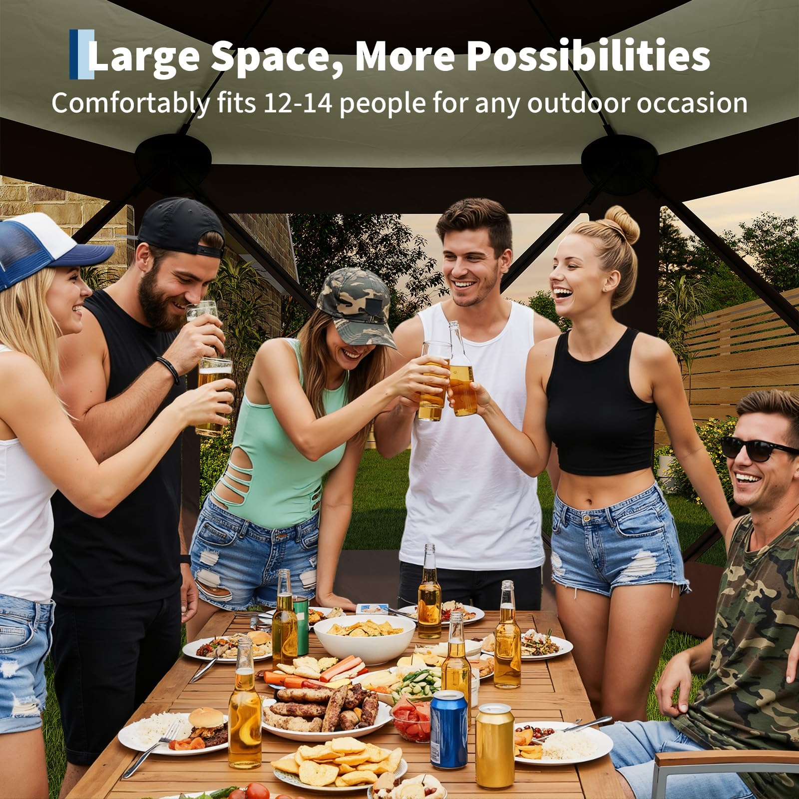 Garvee Pavillon mit Moskitonetz 4 × 4 m, Schnellaufbau-Campingzelt mit Mesh-Wänden, UV-Schutz 50+ und Windschutzpaneelen für Garten, Terrasse und Outdoor-Aktivitäten, Khaki
