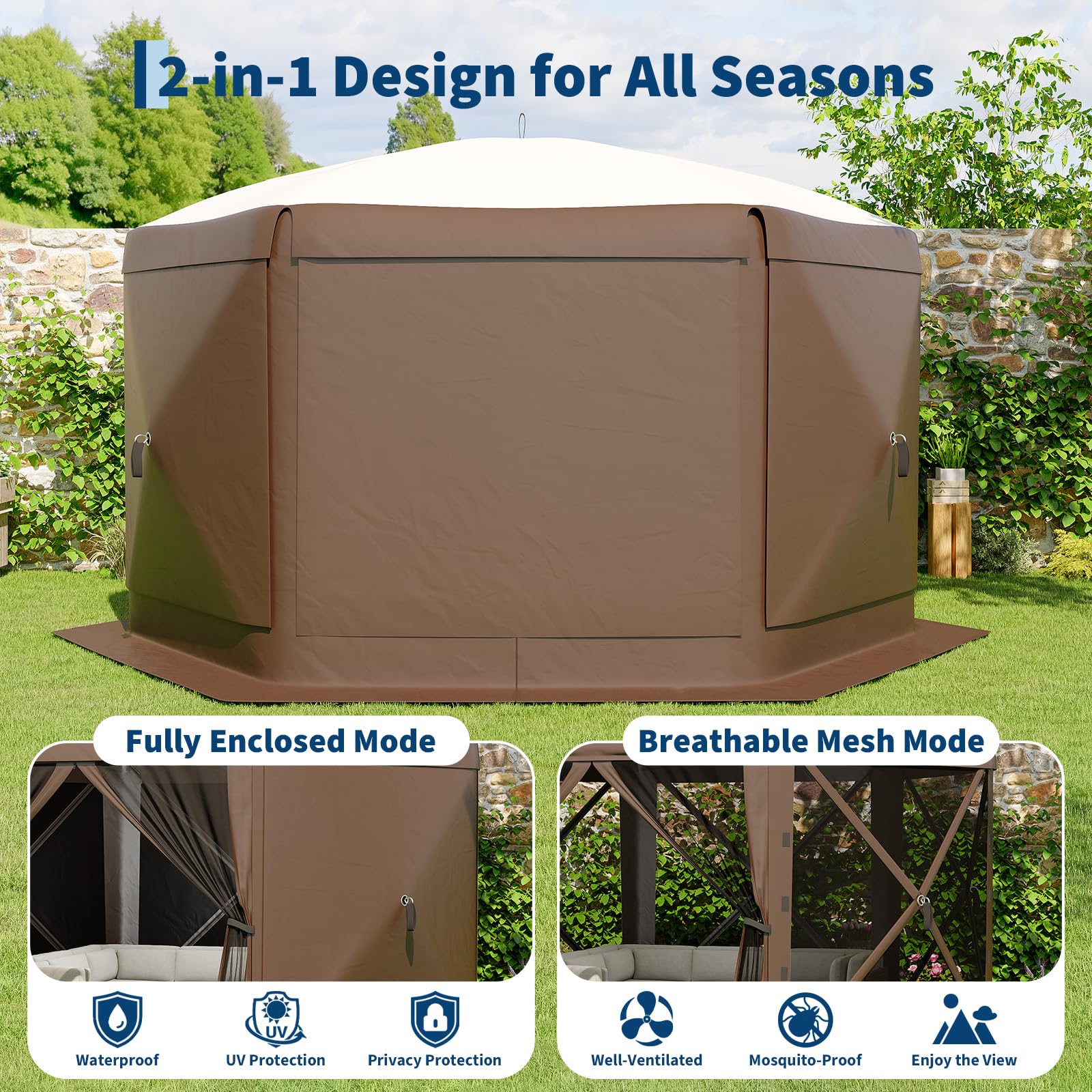Garvee Pavillon mit Moskitonetz 4 × 4 m, Schnellaufbau-Campingzelt mit Mesh-Wänden, UV-Schutz 50+ und Windschutzpaneelen für Garten, Terrasse und Outdoor-Aktivitäten, Khaki
