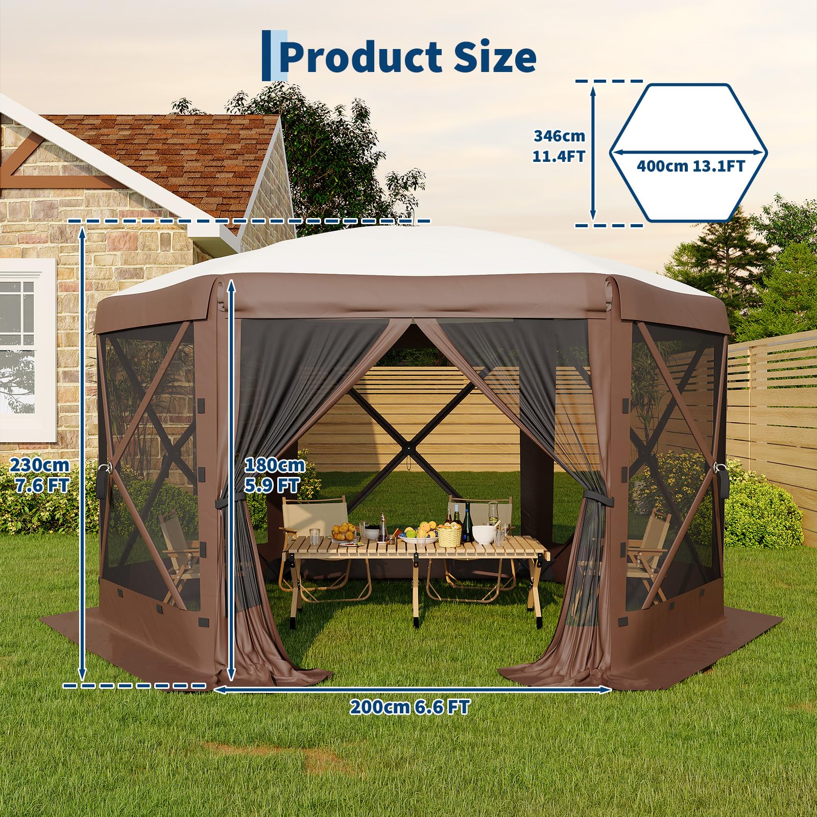 Garvee Pavillon mit Moskitonetz 4 × 4 m, Schnellaufbau-Campingzelt mit Mesh-Wänden, UV-Schutz 50+ und Windschutzpaneelen für Garten, Terrasse und Outdoor-Aktivitäten, Khaki