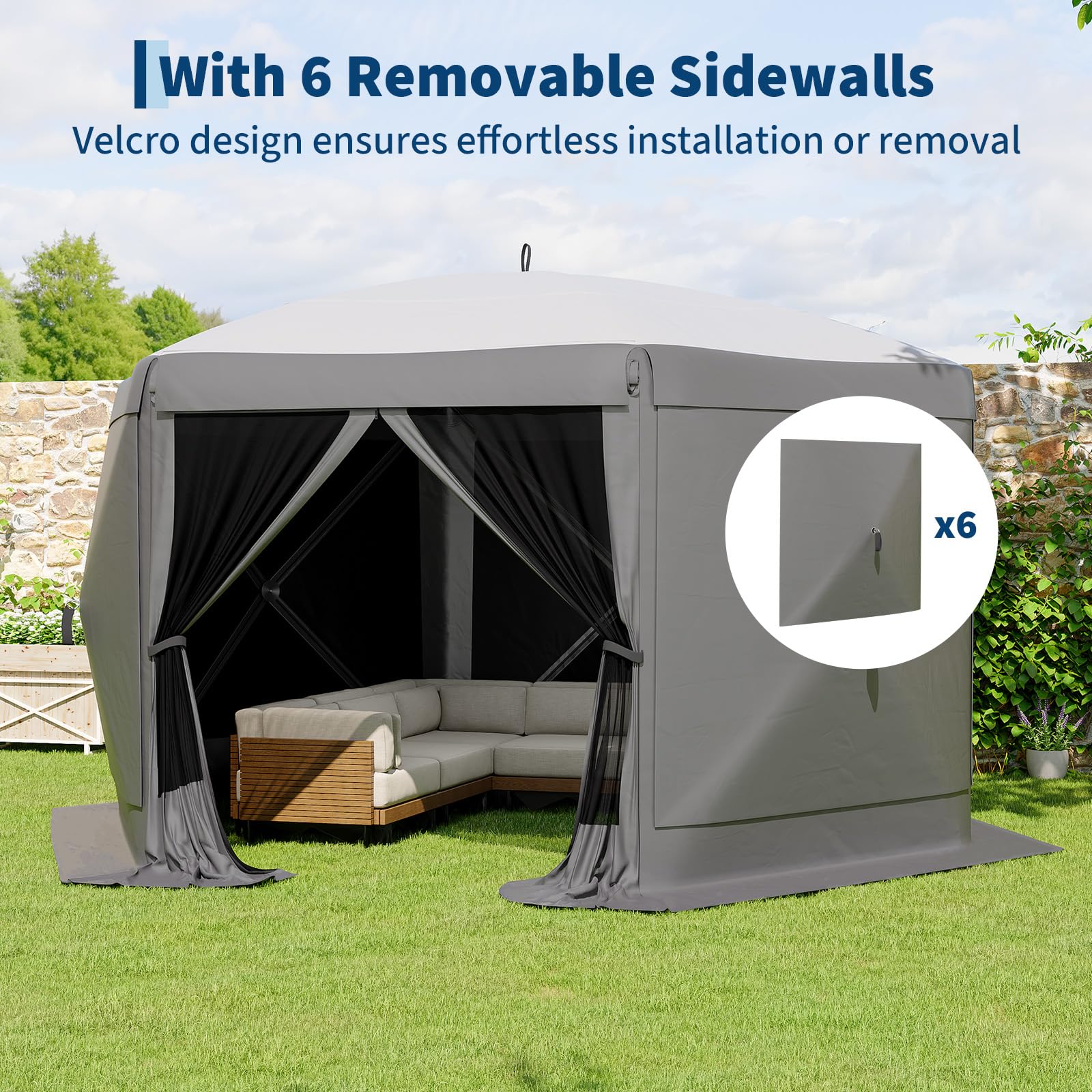 Garvee Pavillon mit Moskitonetz 4 × 4 m, Schnellaufbau-Campingzelt mit Mesh-Wänden, UV-Schutz 50+ und Windschutzpaneelen für Garten, Terrasse und Outdoor-Aktivitäten, Grau