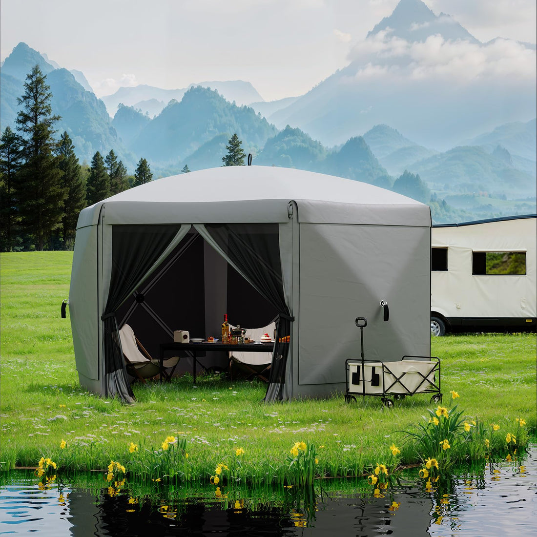 Garvee Pavillon mit Moskitonetz 4 × 4 m, Schnellaufbau-Campingzelt mit Mesh-Wänden, UV-Schutz 50+ und Windschutzpaneelen für Garten, Terrasse und Outdoor-Aktivitäten, Grau