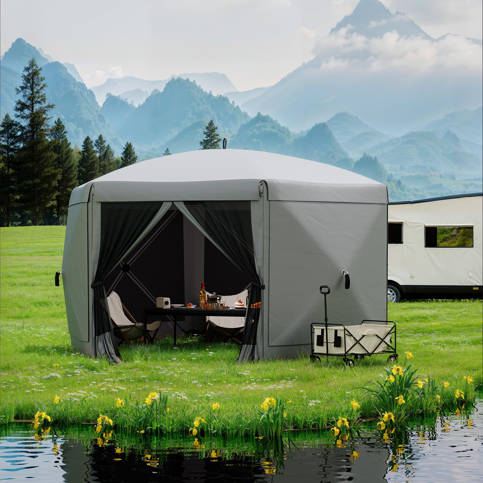 Garvee Pavillon mit Moskitonetz 4 × 4 m, Schnellaufbau-Campingzelt mit Mesh-Wänden, UV-Schutz 50+ und Windschutzpaneelen für Garten, Terrasse und Outdoor-Aktivitäten, Grau