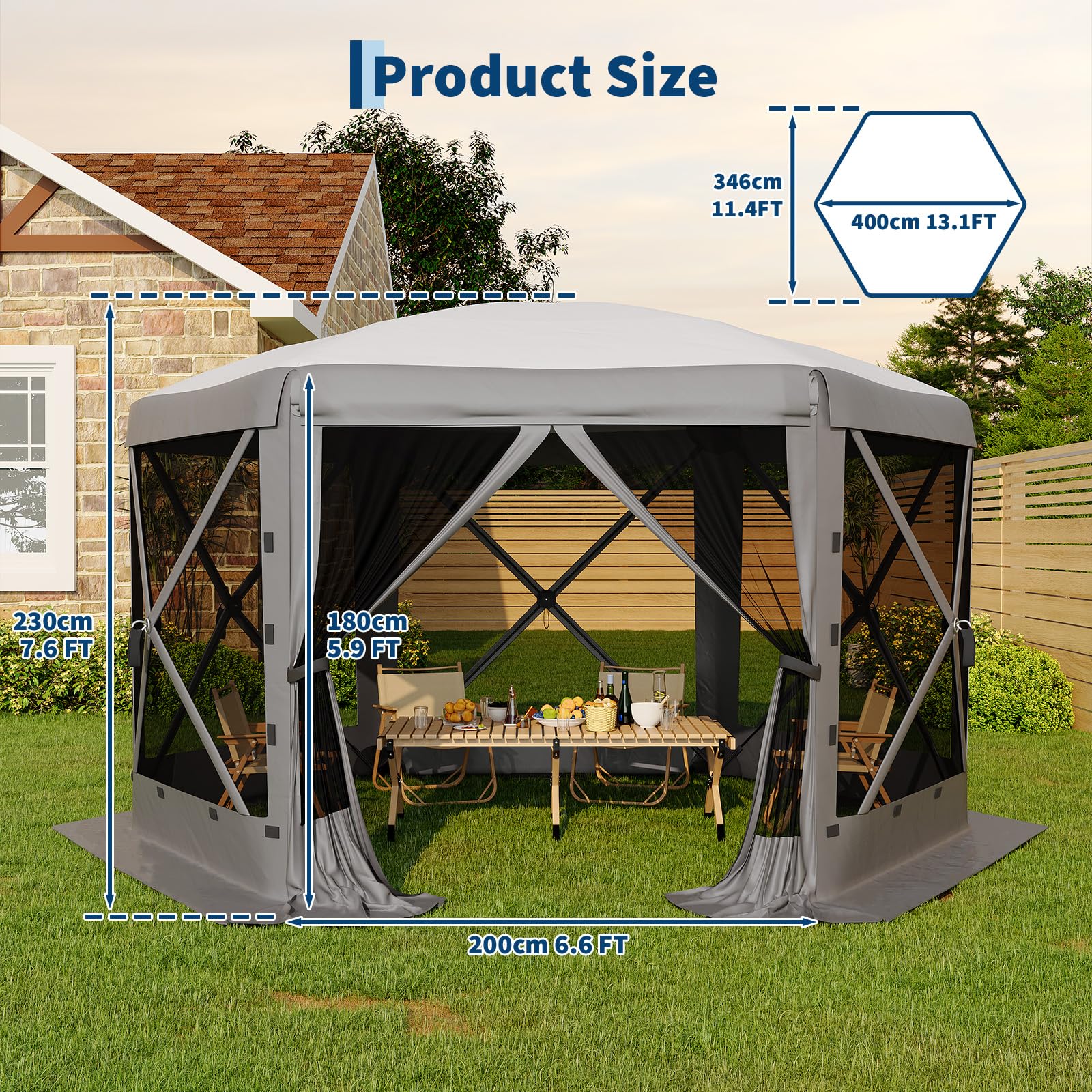 Garvee Pavillon mit Moskitonetz 4 × 4 m, Schnellaufbau-Campingzelt mit Mesh-Wänden, UV-Schutz 50+ und Windschutzpaneelen für Garten, Terrasse und Outdoor-Aktivitäten, Grau