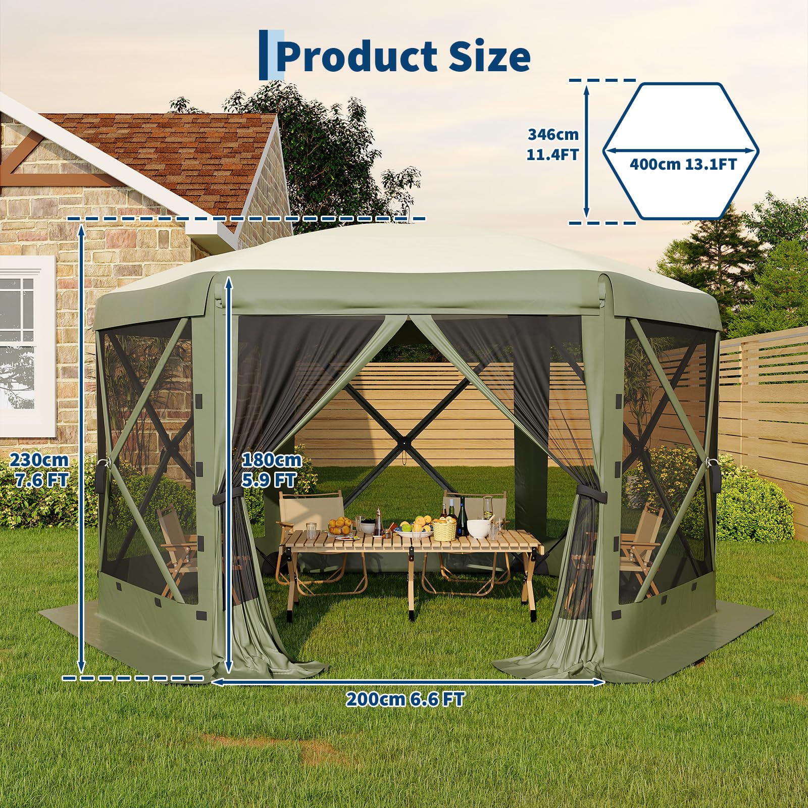 Garvee Pavillon mit Moskitonetz 4 × 4 m, Schnellaufbau-Campingzelt mit Mesh-Wänden, UV-Schutz 50+ und Windschutzpaneelen für Garten, Terrasse und Outdoor-Aktivitäten, Grün