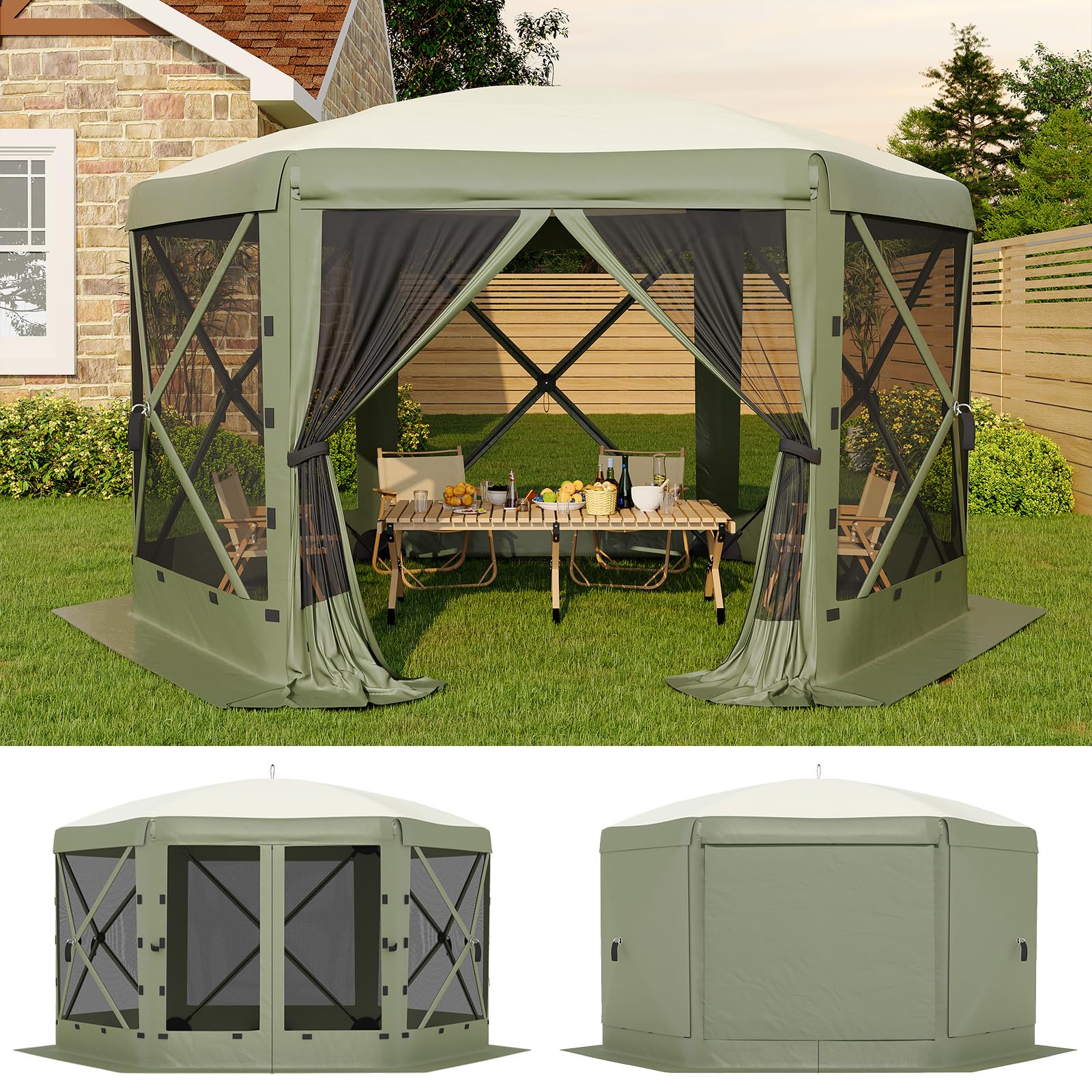 Garvee Pavillon mit Moskitonetz 4 × 4 m, Schnellaufbau-Campingzelt mit Mesh-Wänden, UV-Schutz 50+ und Windschutzpaneelen für Garten, Terrasse und Outdoor-Aktivitäten, Grün