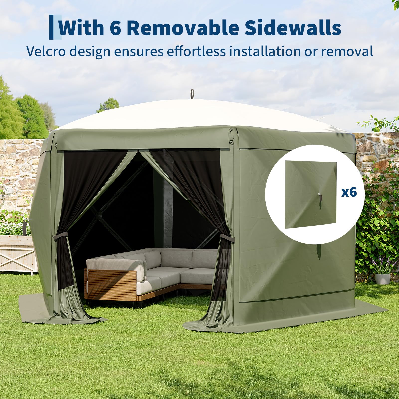 Garvee Pavillon mit Moskitonetz 4 × 4 m, Schnellaufbau-Campingzelt mit Mesh-Wänden, UV-Schutz 50+ und Windschutzpaneelen für Garten, Terrasse und Outdoor-Aktivitäten, Grün