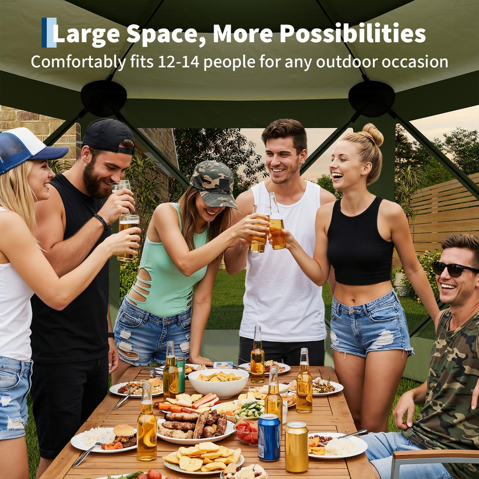 Garvee Pavillon mit Moskitonetz 4 × 4 m, Schnellaufbau-Campingzelt mit Mesh-Wänden, UV-Schutz 50+ und Windschutzpaneelen für Garten, Terrasse und Outdoor-Aktivitäten, Grün