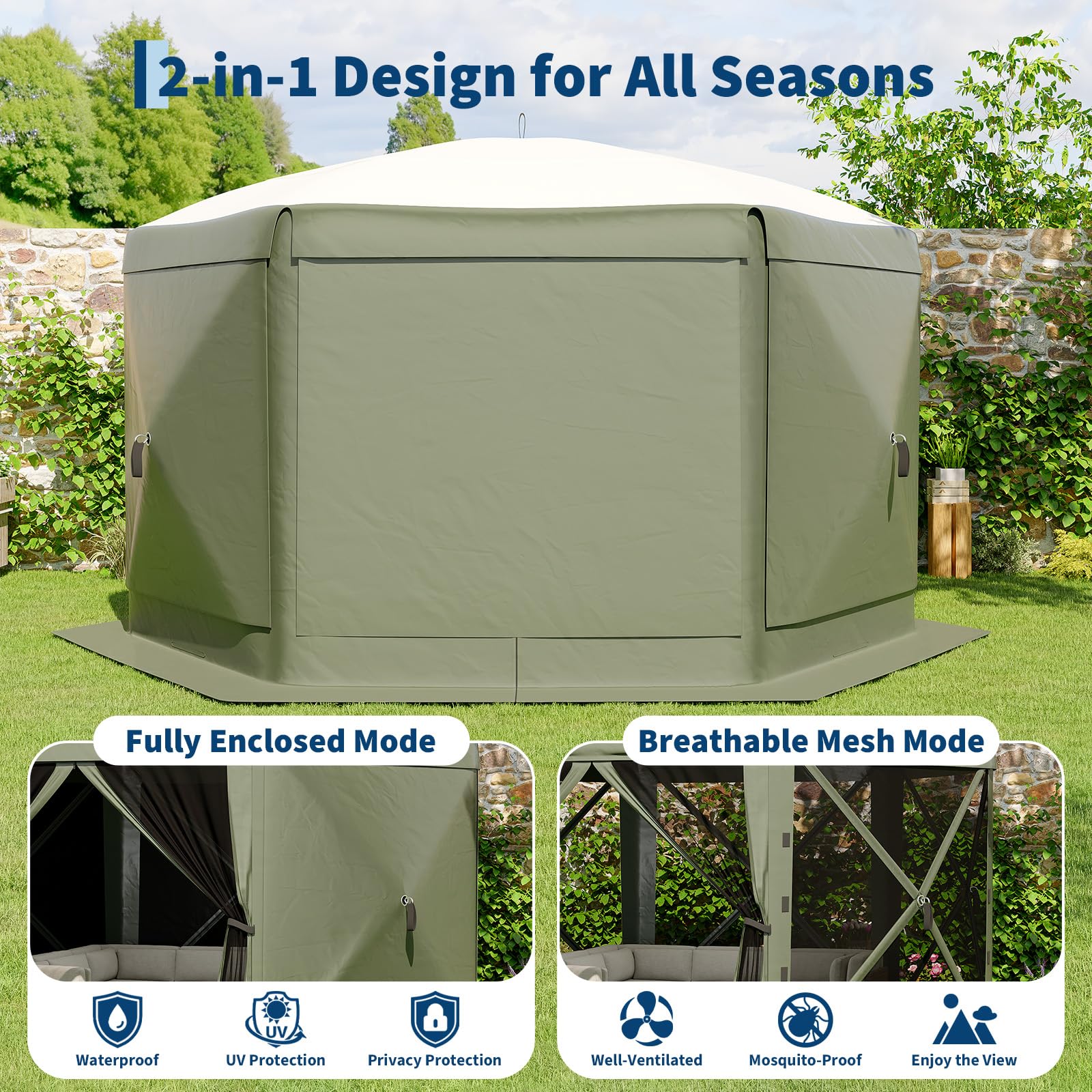 Garvee Pavillon mit Moskitonetz 4 × 4 m, Schnellaufbau-Campingzelt mit Mesh-Wänden, UV-Schutz 50+ und Windschutzpaneelen für Garten, Terrasse und Outdoor-Aktivitäten, Grün