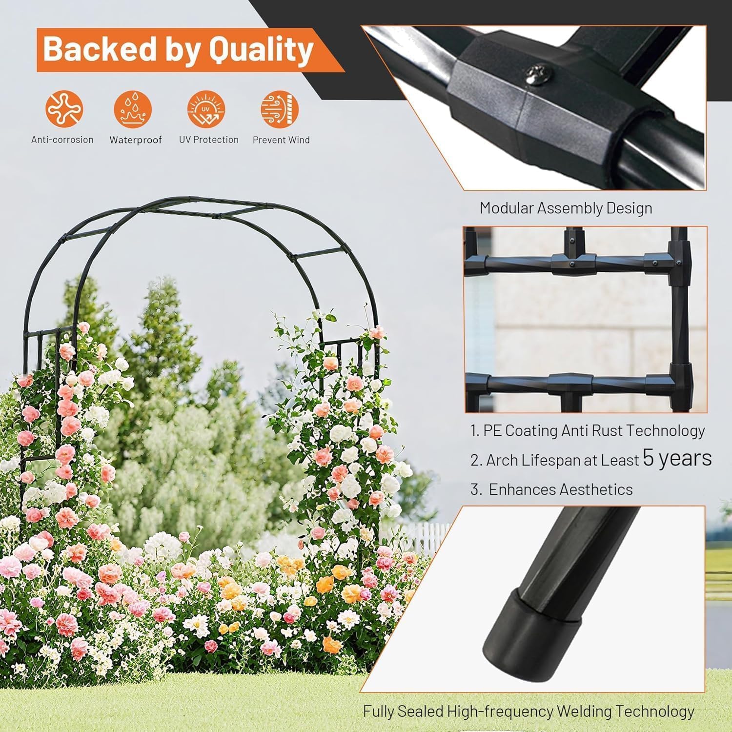 Garvee Hochzeitsbogen aus Metall 225 × 50 × 267 cm, robuster Gartenbogen mit dekorativen Seitenelementen, eleganter Stahlbogen für Hochzeit, Garten und Party, Schwarz