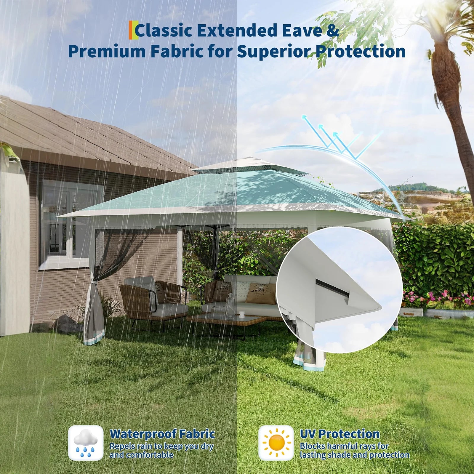 GARVEE 3x3 m Faltpavillon mit Moskitonetz, Wasserdichtes Gartenpavillon Pop-Up Zelt, UV-Schutz 50+, Höhenverstellbar, Für Garten, Terrasse, Camping und Outdoor-Events, Pastellblau