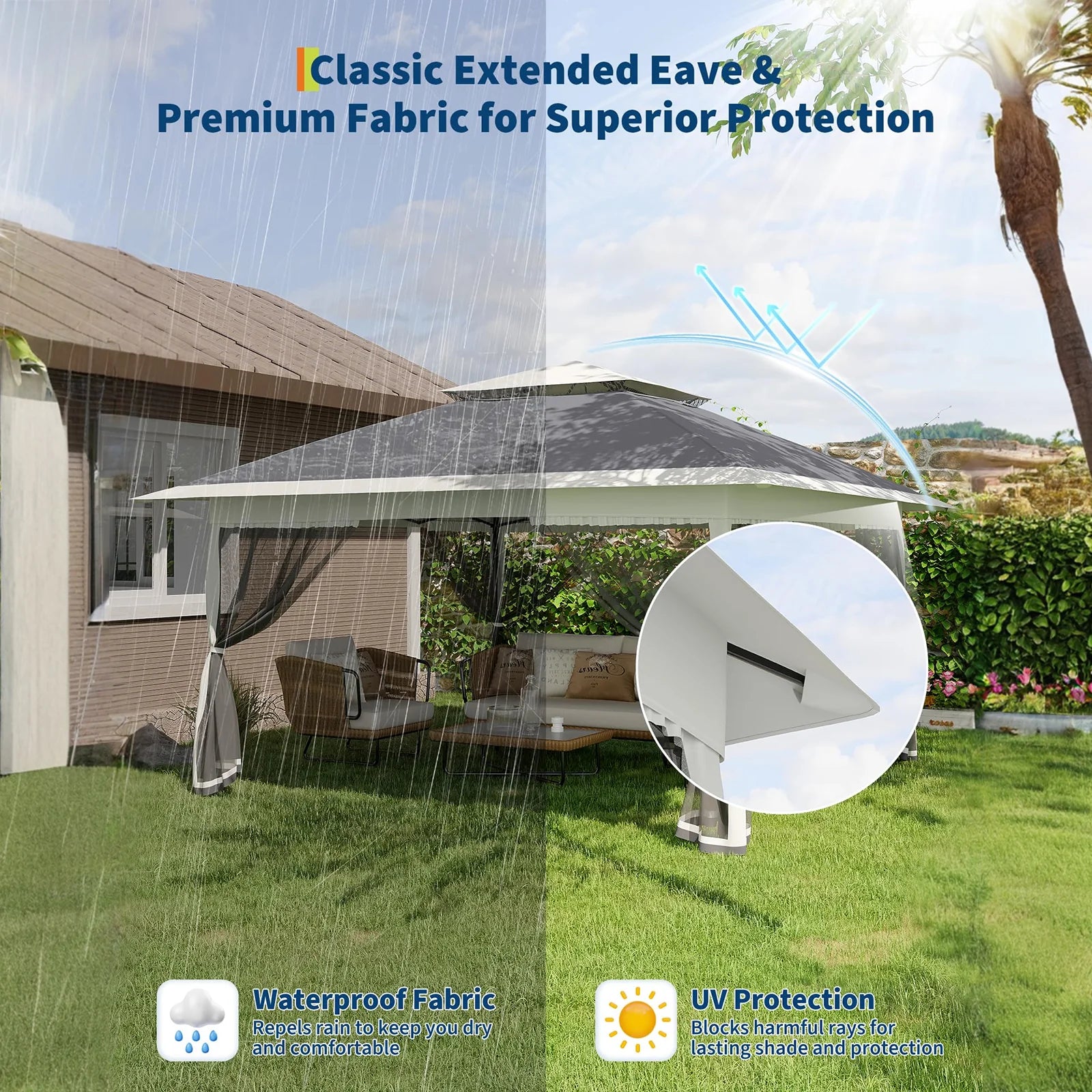 GARVEE 3x3 m Faltpavillon mit Moskitonetz, Wasserdichtes Gartenpavillon Pop-Up Zelt, UV-Schutz 50+, Höhenverstellbar, Für Garten, Terrasse, Camping und Outdoor-Events, Grau